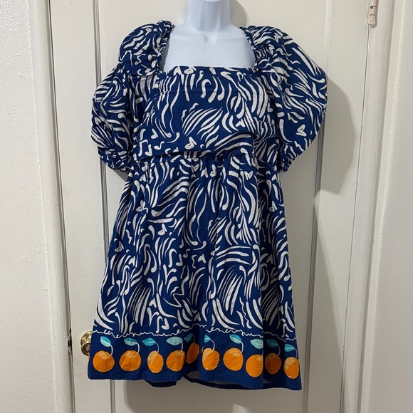 Primark Blue and White Patterned Cotton Dress with Orange Accents - Picture 1 of 14